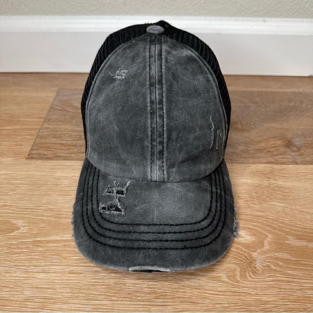 C.C Exclusives Gray Distressed Criss Cross Back Ponytail Hat